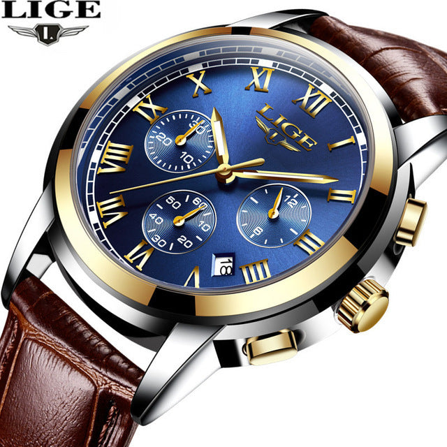 Lige Business Waterproof Leather Belt Watch