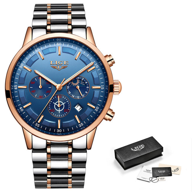 LIGE Mens Luxury Sports Quartz Waterproof Watch