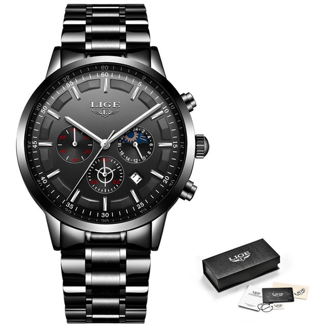 LIGE Mens Luxury Sports Quartz Waterproof Watch