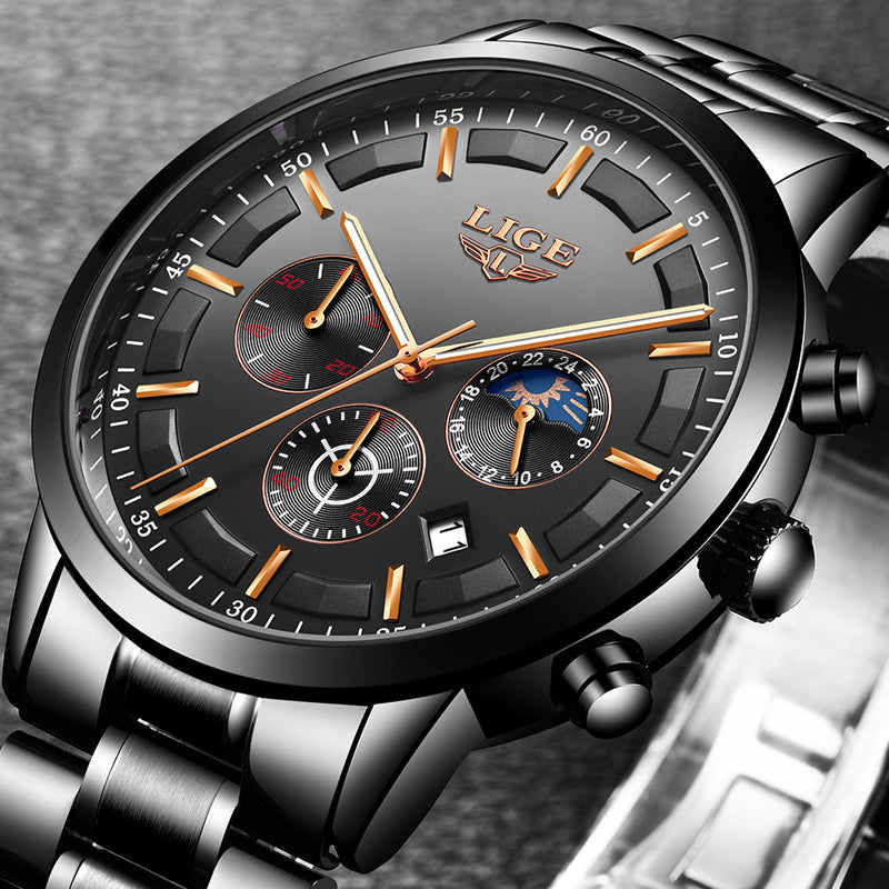 LIGE Mens Luxury Sports Quartz Waterproof Watch