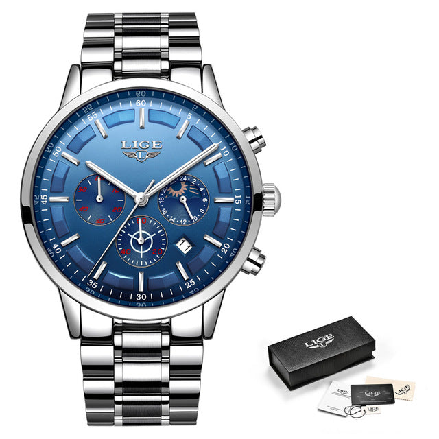 LIGE Mens Luxury Sports Quartz Waterproof Watch