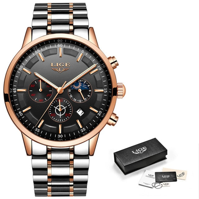 LIGE Mens Luxury Sports Quartz Waterproof Watch