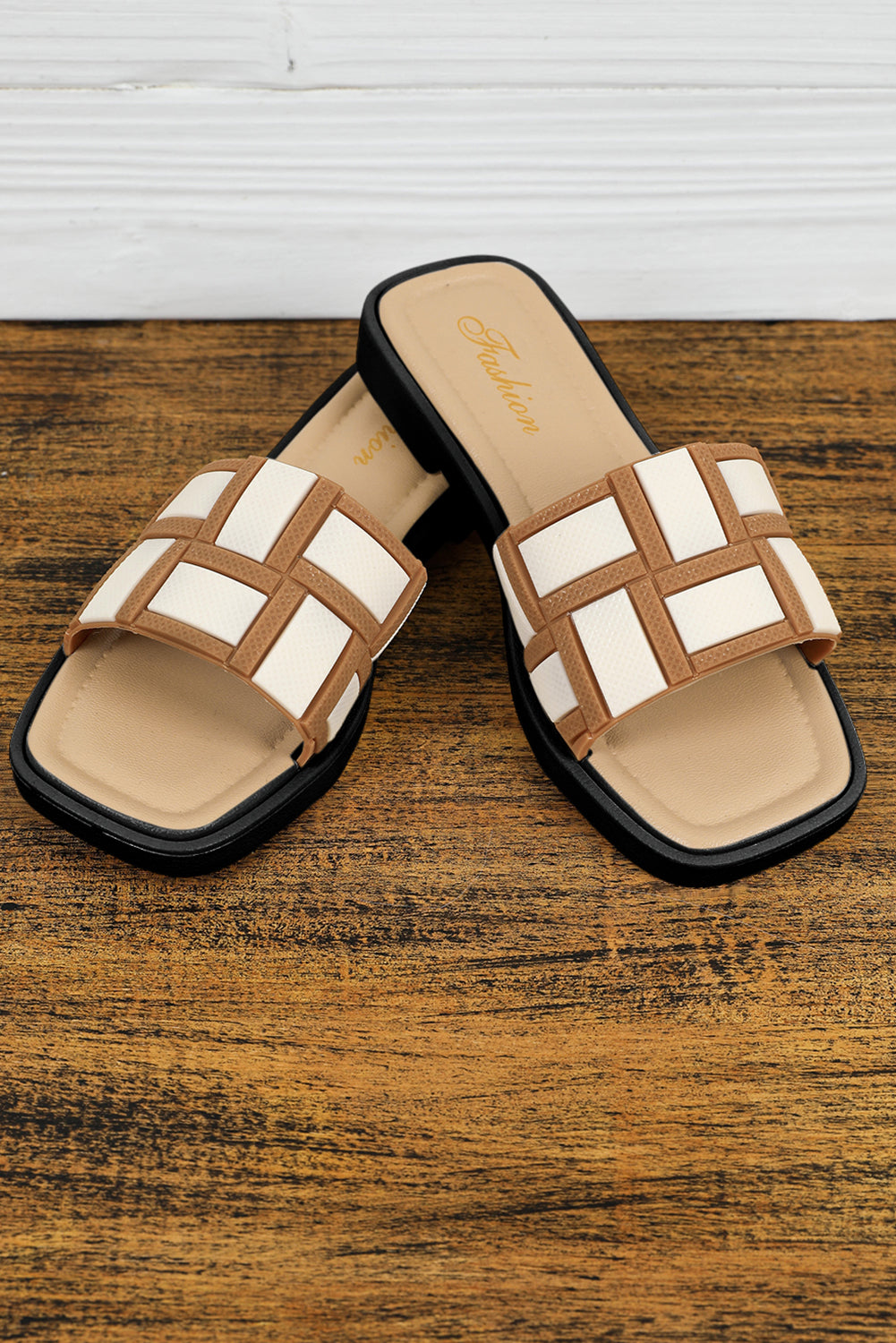 Beige Two Tone Contrast Square Toe Slippers