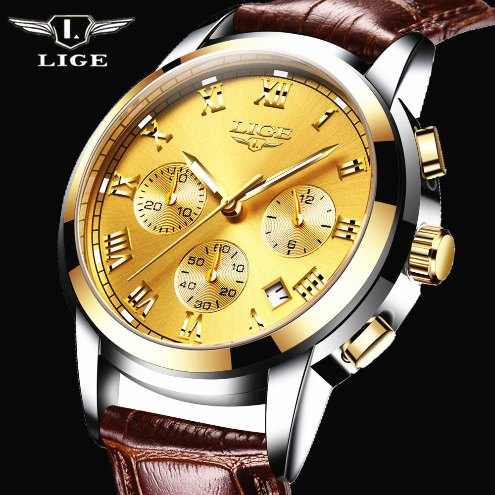Lige Business Waterproof Leather Belt Watch