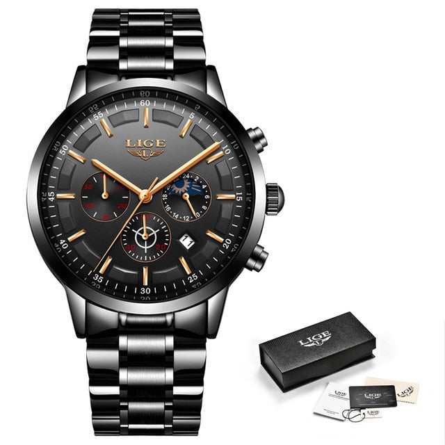 LIGE Mens Luxury Sports Quartz Waterproof Watch