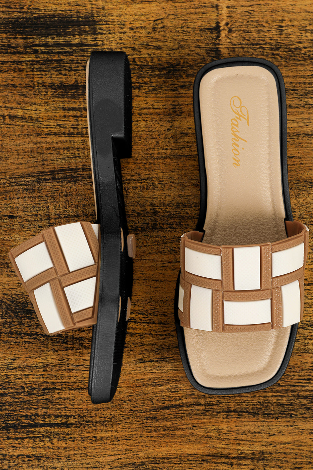 Beige Two Tone Contrast Square Toe Slippers