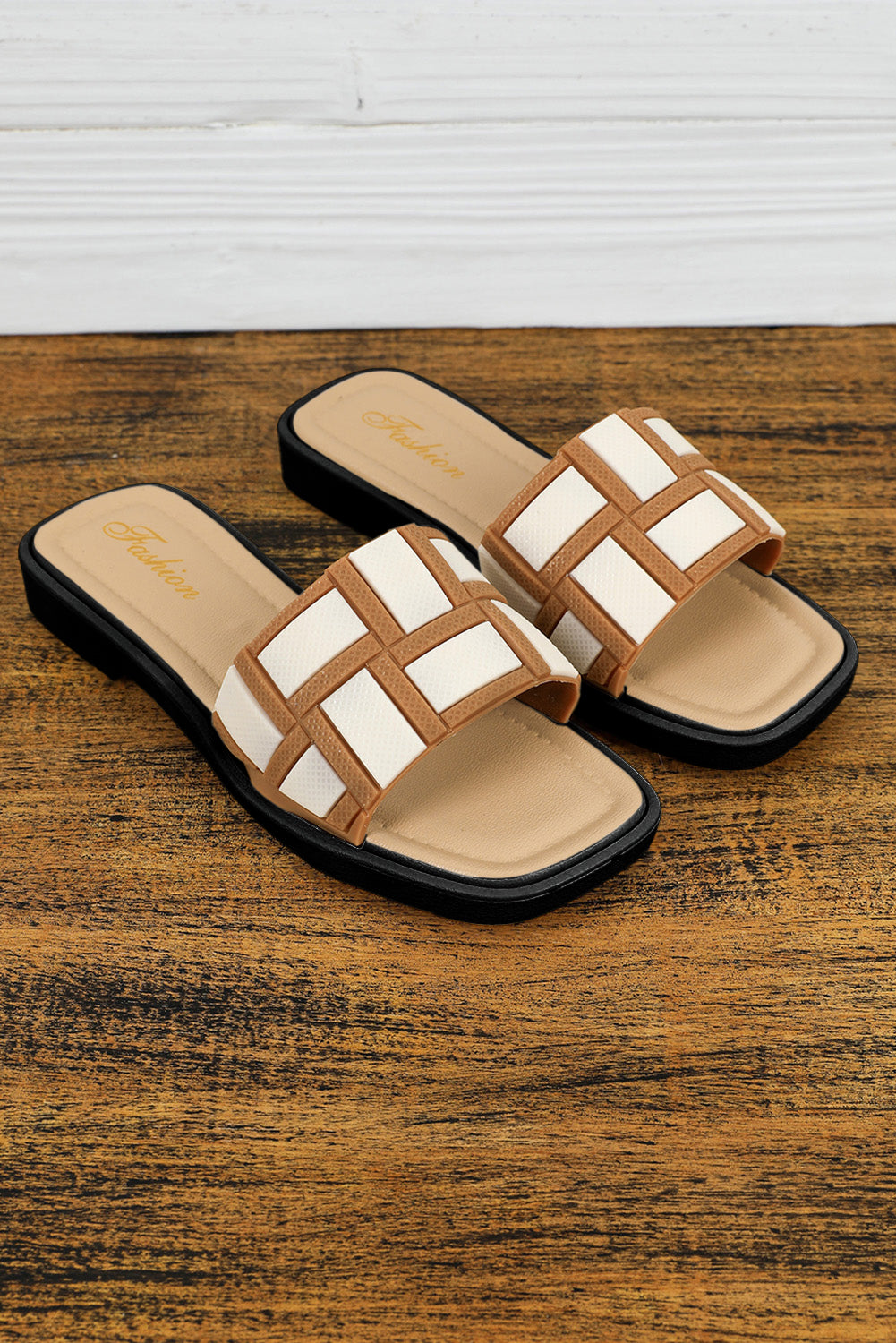 Beige Two Tone Contrast Square Toe Slippers