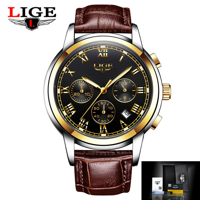 Lige Business Waterproof Leather Belt Watch
