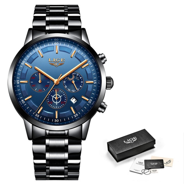 LIGE Mens Luxury Sports Quartz Waterproof Watch