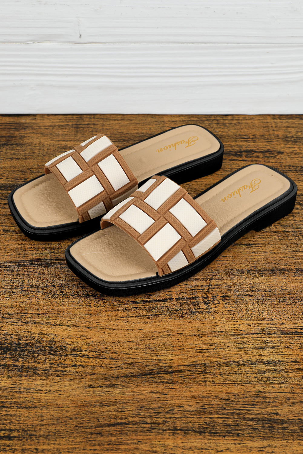 Beige Two Tone Contrast Square Toe Slippers