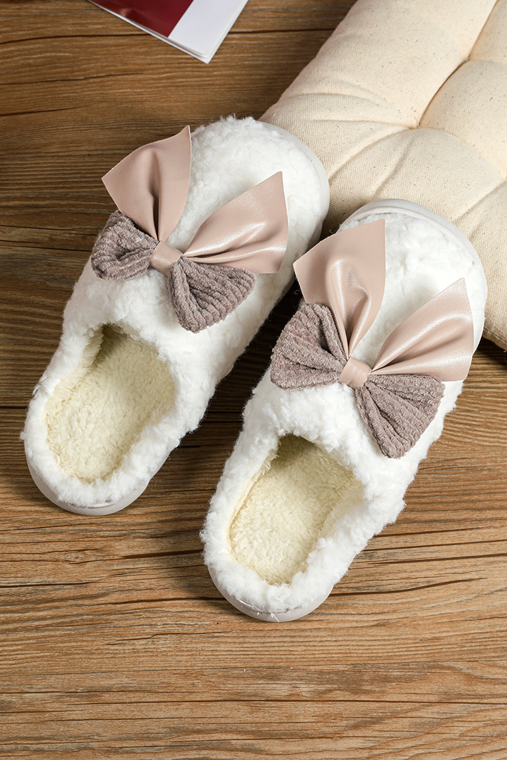 White Contrast Bowknot Plush Winter Slippers