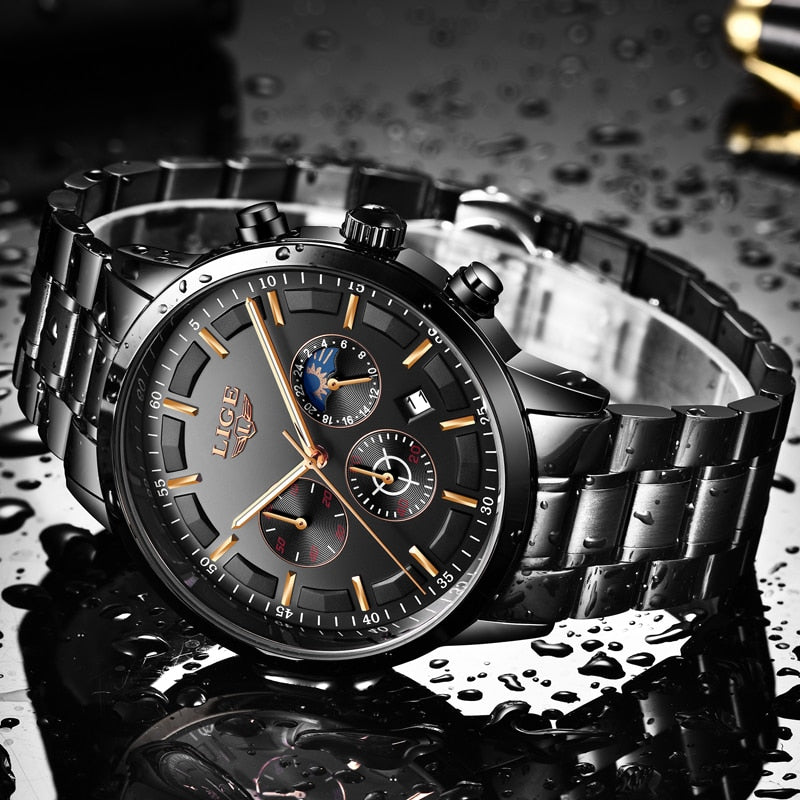 LIGE Mens Luxury Sports Quartz Waterproof Watch