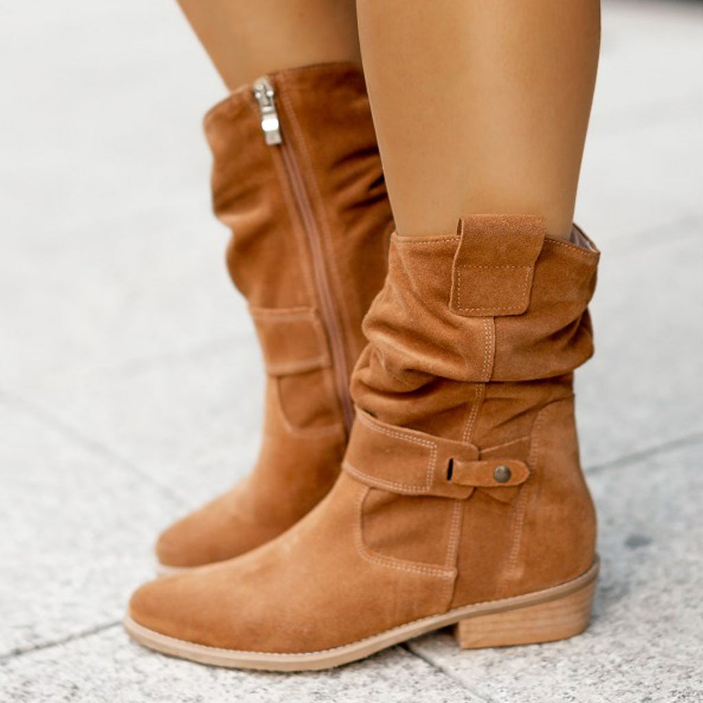 Low heeled suede pleated womens boot
