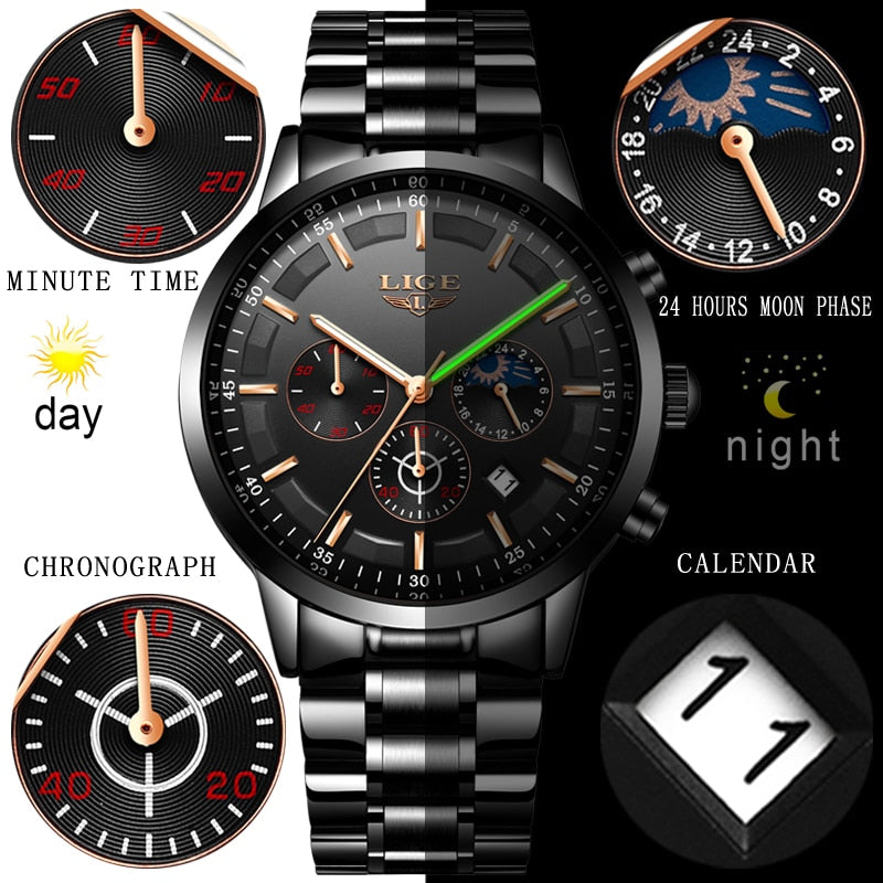 LIGE Mens Luxury Sports Quartz Waterproof Watch