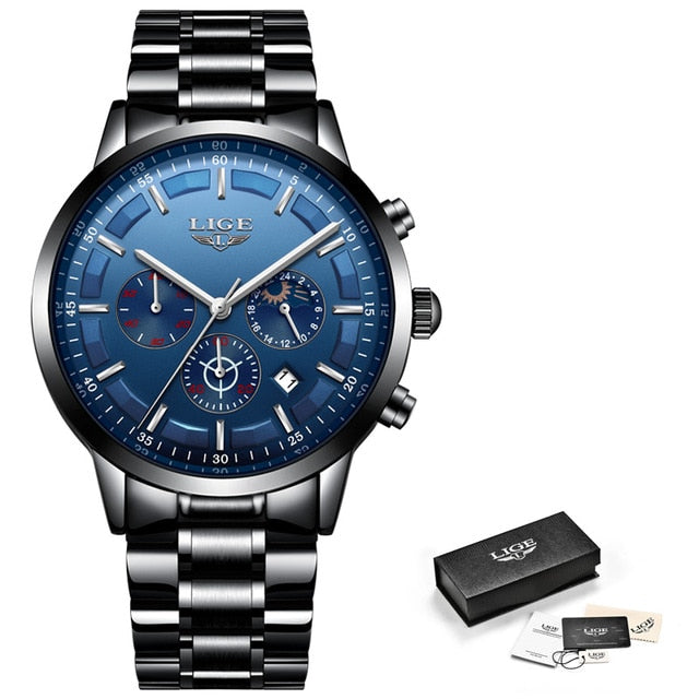 LIGE Mens Luxury Sports Quartz Waterproof Watch