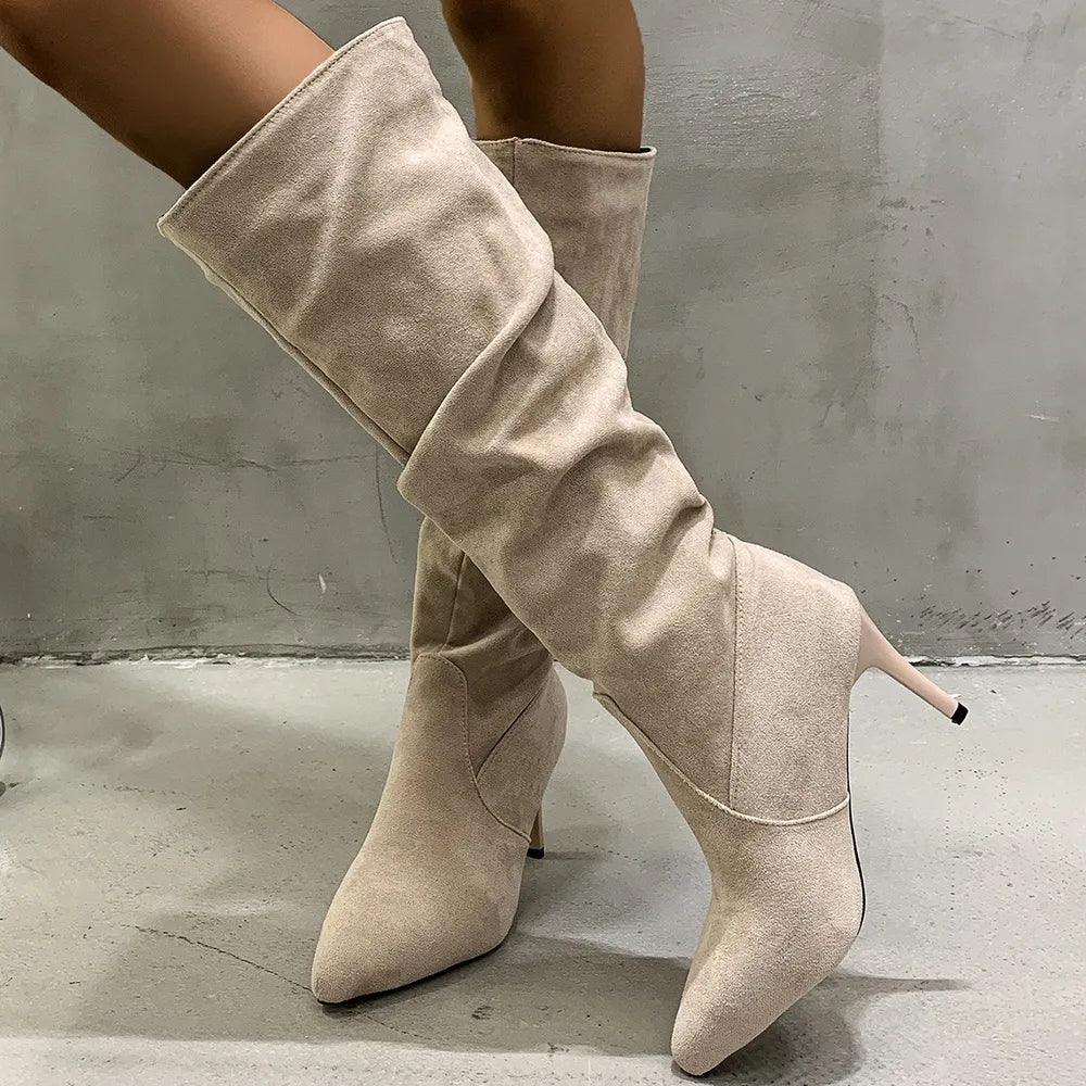 Pleated Pull-On High Heel Boots