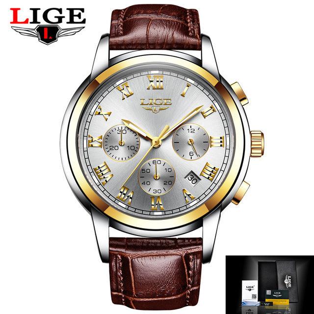 Lige Business Waterproof Leather Belt Watch