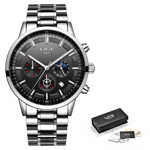 LIGE Mens Luxury Sports Quartz Waterproof Watch