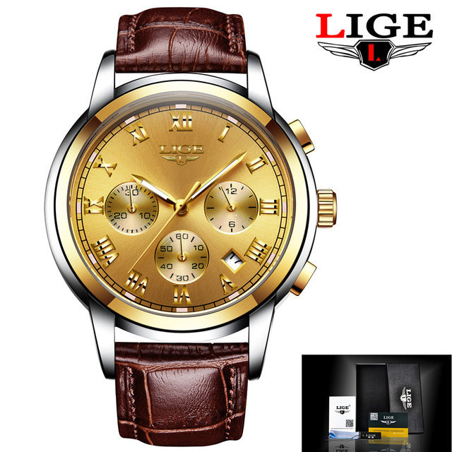 Lige Business Waterproof Leather Belt Watch