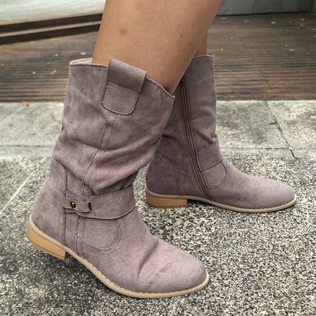 Low heeled suede pleated womens boot