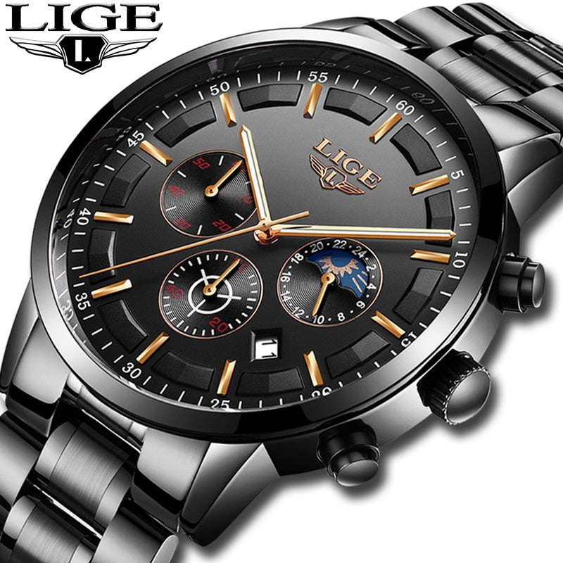 LIGE Mens Luxury Sports Quartz Waterproof Watch