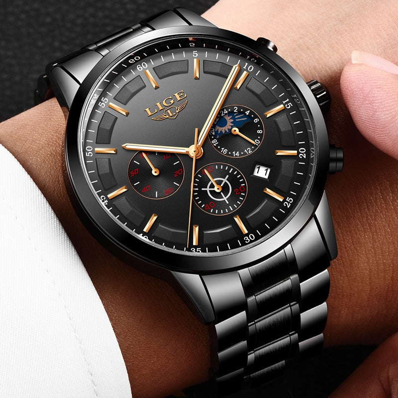 LIGE Mens Luxury Sports Quartz Waterproof Watch