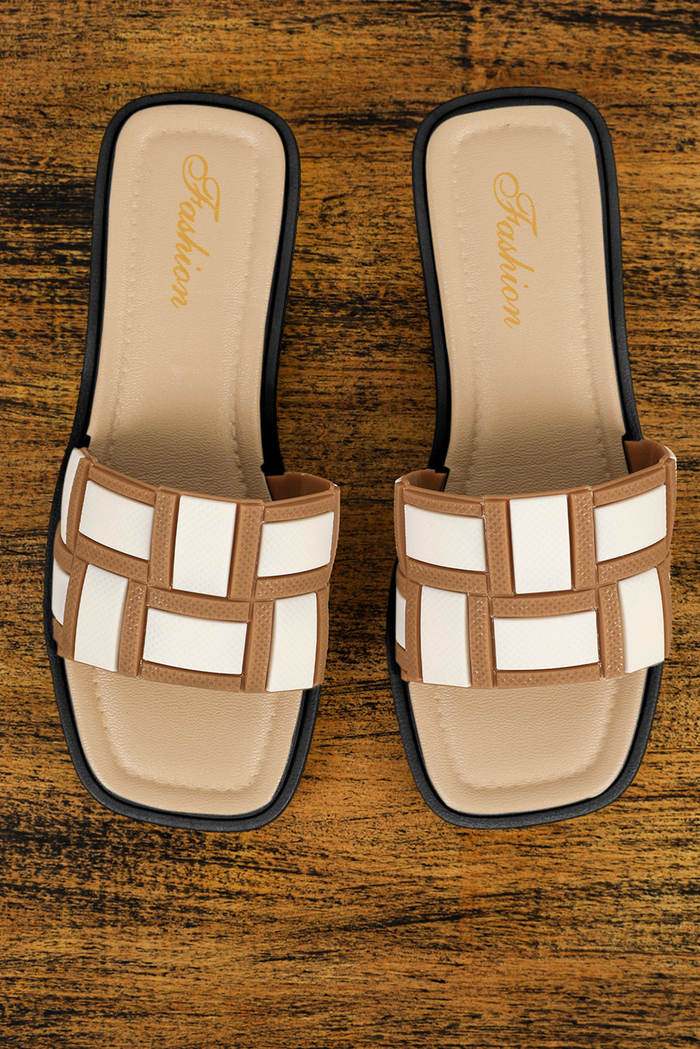 Beige Two Tone Contrast Square Toe Slippers